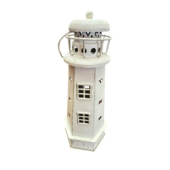 Lighthouse Candle Votive Holder Distressed Off White Metal 12.75" High Nautical - Picture 1 of 12